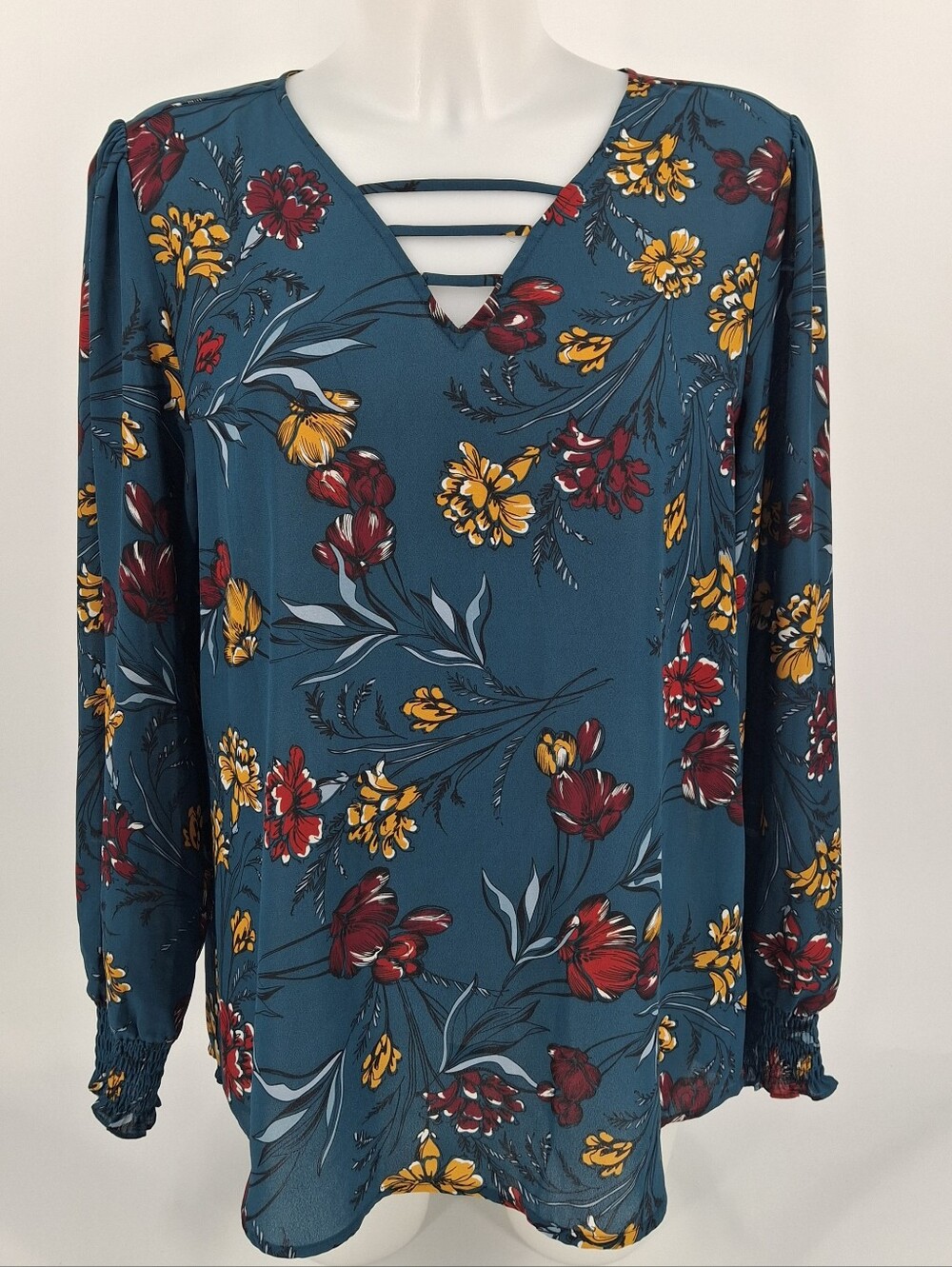 Maurices Women's Teal Floral Semi-Sheer Long Sleeve Blouse Size Large